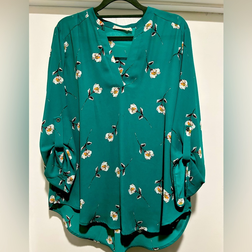 Lush Warren Split Neck Blouse, Size L, Teal floral, tunic length